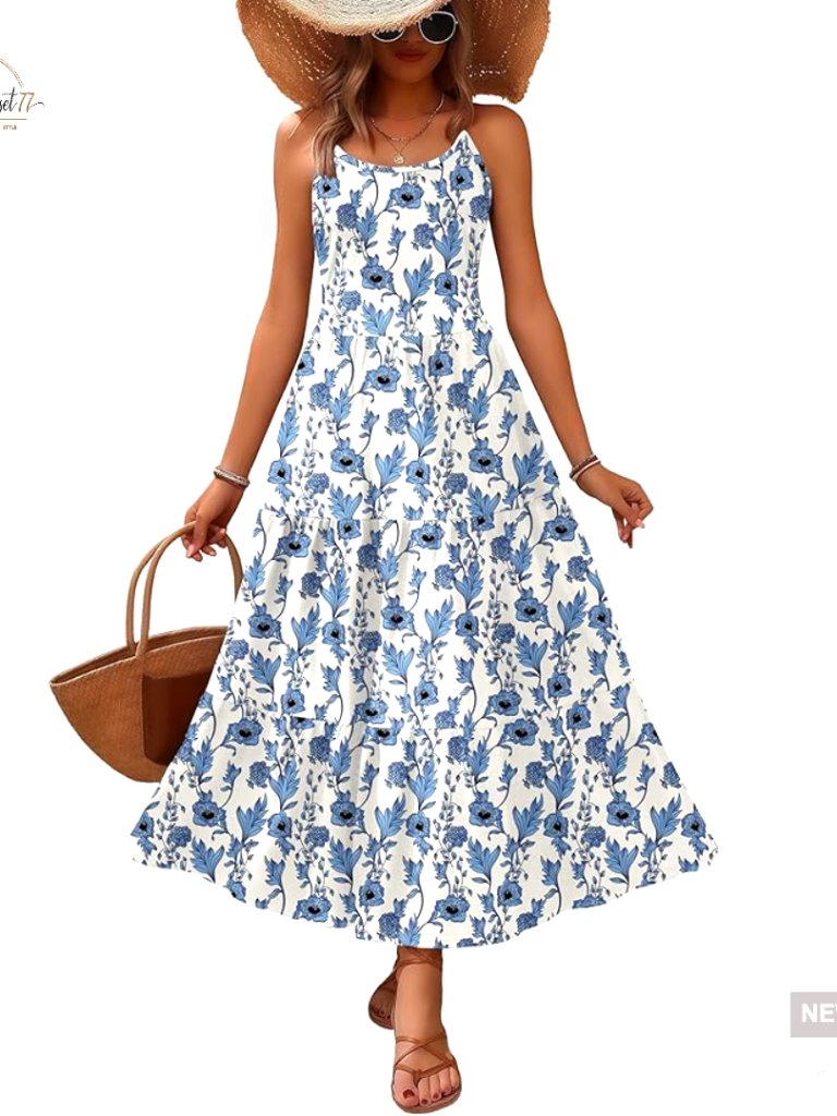 Summer Maxi Dress With Pockets, Adjustable Straps, Flowy Tiered Casual Sundress